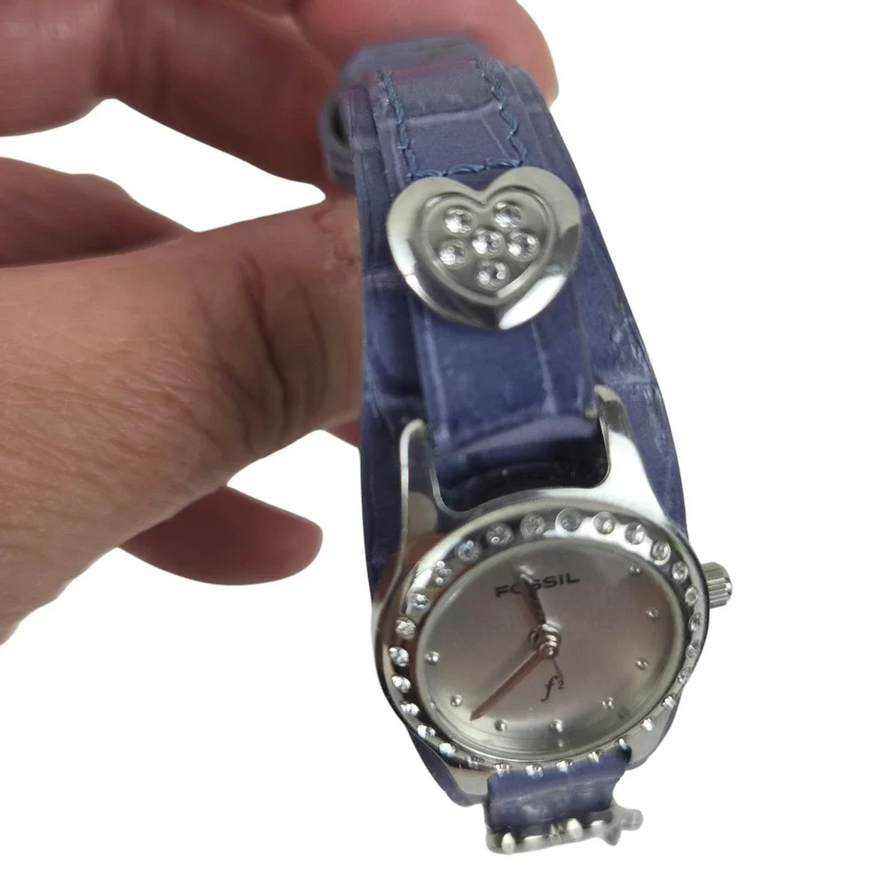FOSSIL F2 Embossed Croc Leather Wristwatch Purple w Charms ES-9953 NEEDS BATTERY